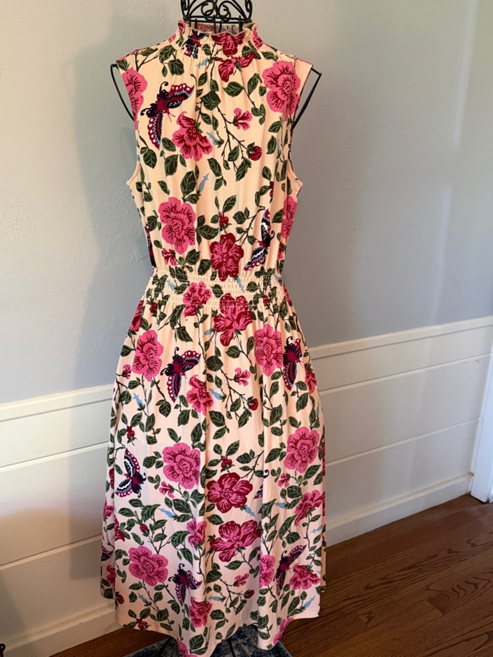 Leota Sleeveless Pink Floral Shirred Waist Dress